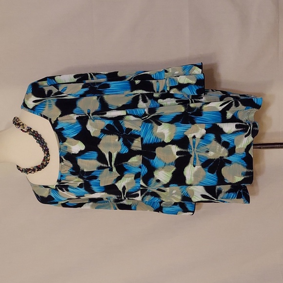 ‼️3 for $30‼️  CJ Banks Blue Green and Black Square Neck 3/4 Ruffle Sleeve Top - Picture 3 of 7